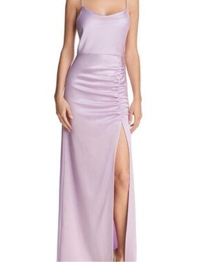 Alice + Olivia Lilac Satin Slip Maxi Dress with Ruched Hip and High Slit